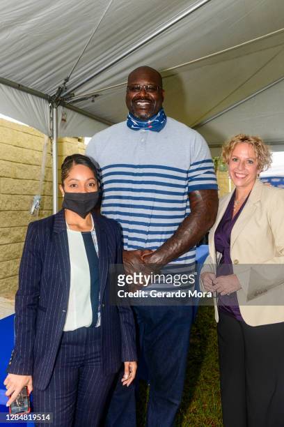Aramis Ayala, Shaquille O'Neal and Harbor House CEO Michelle Sperzel pose during the Pepsi Stronger Together Kicks Off With Orlando Magic And...