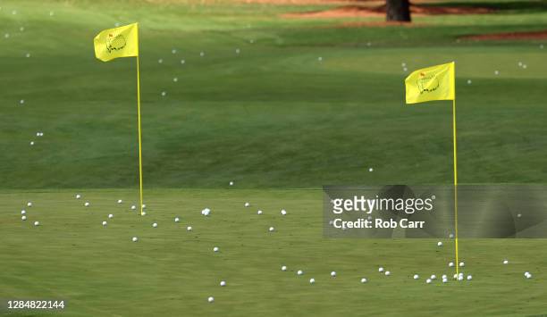 General view of balls and flags on the driving range during a practice round prior to the Masters at Augusta National Golf Club on November 09, 2020...