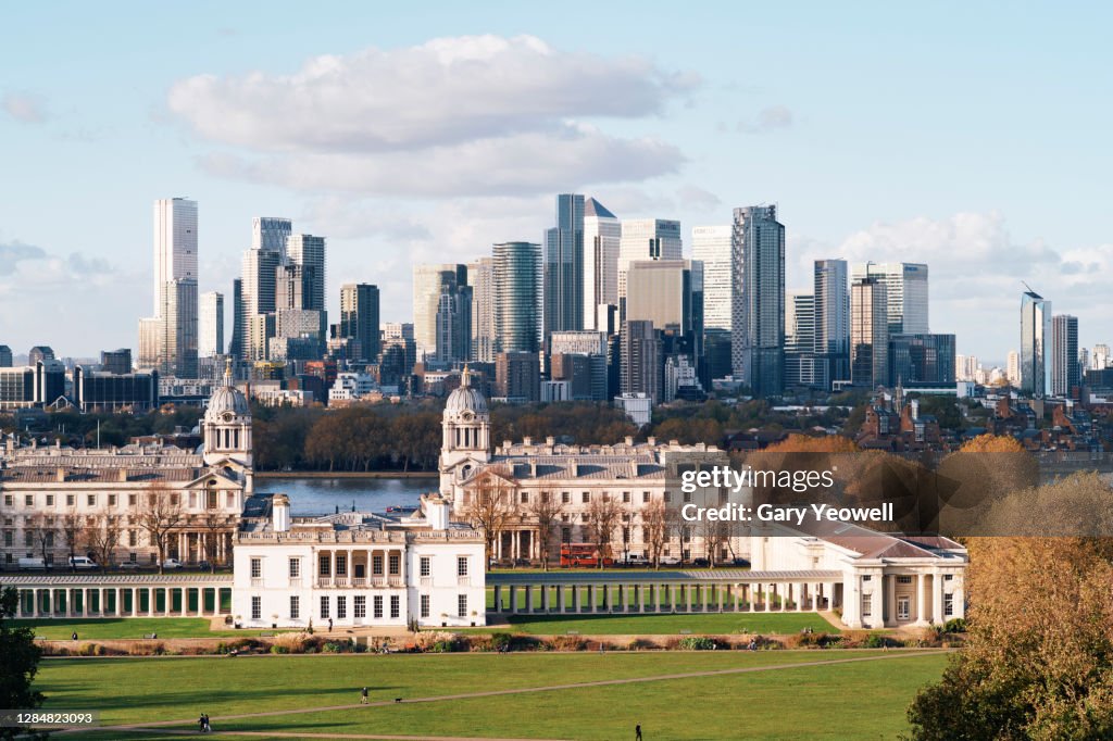 Elevated view over London city Canary Wharf skyline at sunset
