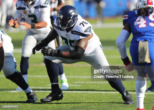 Duane Brown of the Seattle Seahawks looks to make a block against the Buffalo Bills at Bills Stadium on November 8, 2020 in Orchard Park, New York.