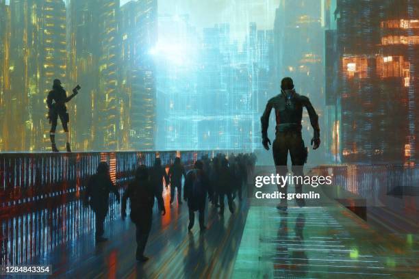 spooky cyborgs walking in futuristic city - surveillance society stock pictures, royalty-free photos & images