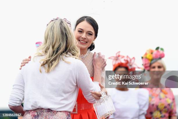 Laura Campbell reacts as she is announced as Best Dressed Lady winner during New Zealand Trotting Cup Day at Addington Raceway on November 10, 2020...