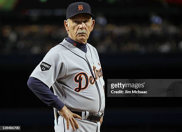 Manager Jim Leyland of the Detroit Tigers looks on prior to Game One of the American League Division Series against the New York Yankees at Yankee...