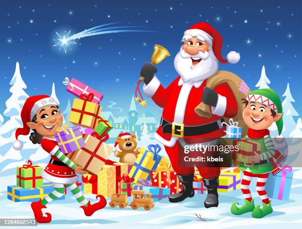 santa claus and elves wishing a merry christmas - father christmas and elves stock illustrations