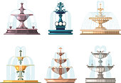Cartoon fountains. Outdoor gardening decorative symbols nature water fountains vector collections