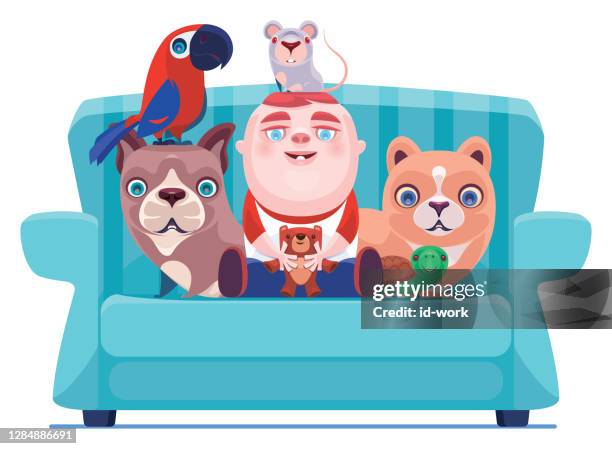 happy baby sitting on sofa with pets - dog couch stock illustrations