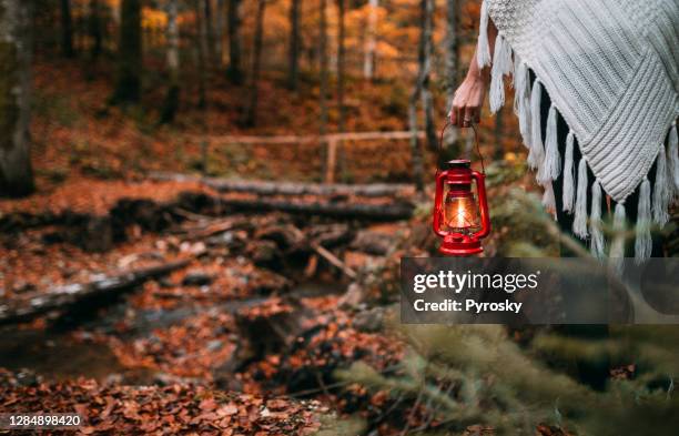 close-up of a woman hand carrying a red lantern in the woodland in the fall - woman red lantern stock pictures, royalty-free photos & images