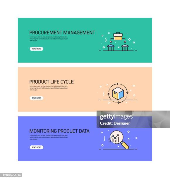 product management related flat line banner design with icons - product engineering services stock illustrations