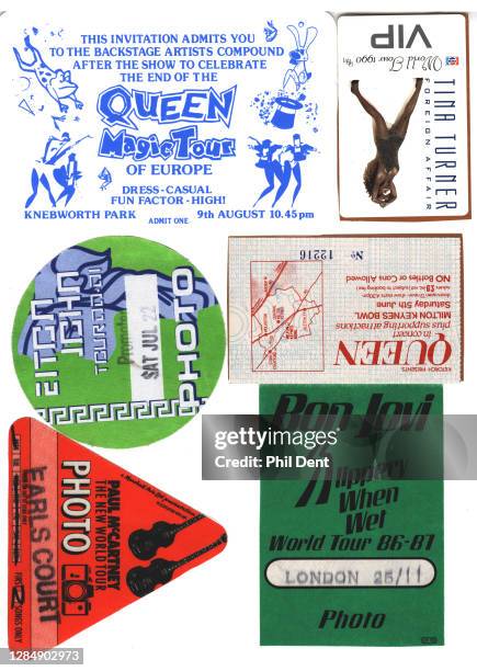 Arena show music memorabilia - photo and access passes for Bon Jovi's 'Slippery When Wet' tour, Queen at Milton Keynes, Paul McCartney's 'New World...