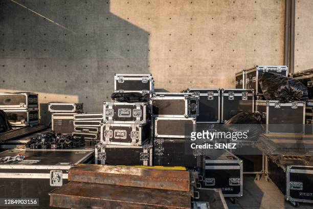 stack of audio equipment boxes - backstage stockfoto's en -beelden