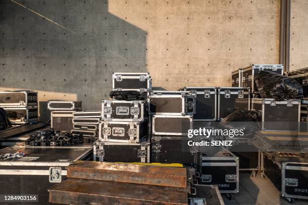 stack of audio equipment boxes - back stage stock pictures, royalty-free photos & images