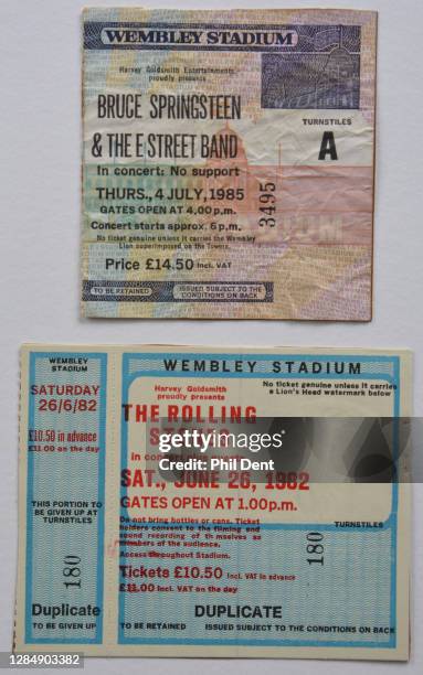 Music memorabilia - Wembley Stadium concert tickets 1982-1985, photographed on 20th October 2020. Concerts by the Rolling Stones and Bruce...