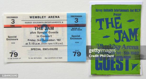 Music memorabilia - Concert ticket and guest pass for The Jam's shows at Wembley Arena in December 1982, photographed on 20th October 2020.