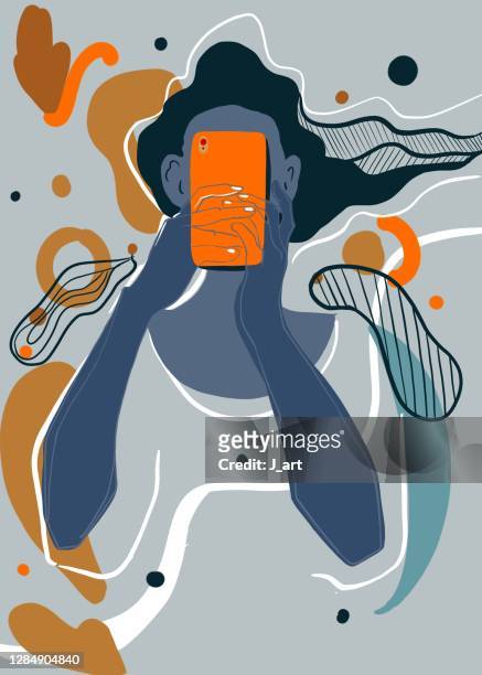 woman girl taking picture on smartphone. - art illustration ストックフォトと画像
