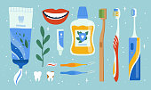 Dentist accessories. Oral dental hygiene items mouth brush apples cleaning tools teeth vector set