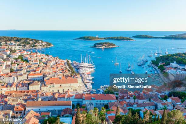 high angle view of town harbor - croatian culture stock pictures, royalty-free photos & images