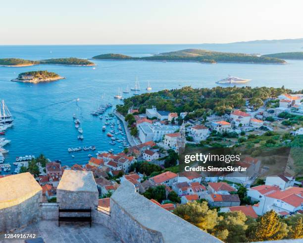 high angle view of town harbor of hvar - hvar town stock pictures, royalty-free photos & images