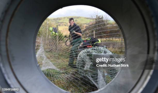 An employee of Clayton Fold Christmas Tree Farm is seen preparing Nordmann Fir and Norway Spruce trees before they go on sale during the Christmas...