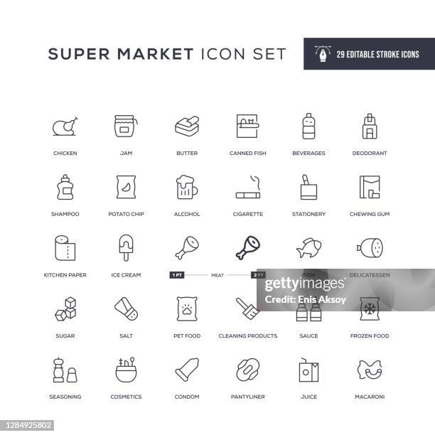 ilustraciones, imágenes clip art, dibujos animados e iconos de stock de iconos de línea de trazo editables de super market - preservativo