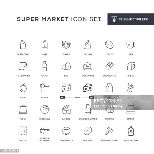 illustrazioni stock, clip art, cartoni animati e icone di tendenza di icone della linea di tratto modificabili super mercato - dried fruit