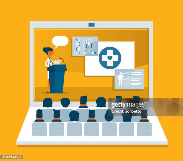 medical professional giving speech - laptop - internet konferenz stock-grafiken, -clipart, -cartoons und -symbole