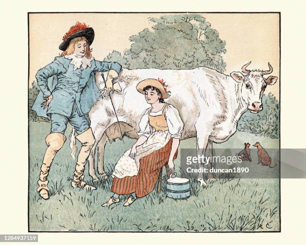 ilustrações de stock, clip art, desenhos animados e ícones de the milkmaid milking to cow with the young squire - milking