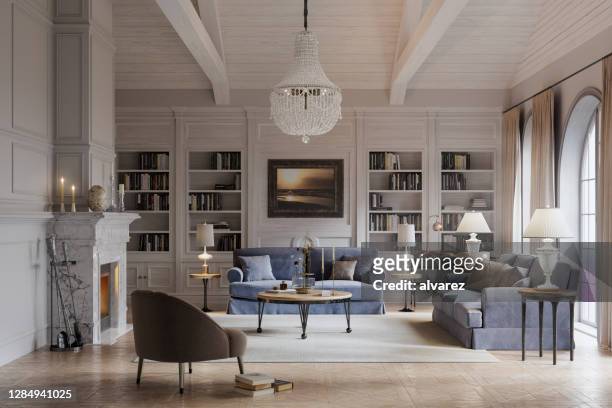 vista digitalmente resa di un bellissimo soggiorno - luxury foto e immagini stock