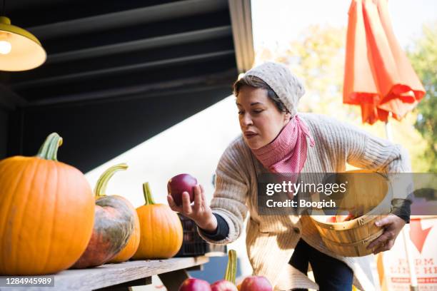 non binary person in 30s shopping at outdoor hudson valley new york farmer's market in autumn - sunday in the valley stock pictures, royalty-free photos & images