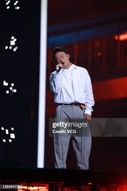 Singer Eason Chan performs on the stage during 2020 Alibaba Double 11 Shopping Festival Gala at Mercedes-Benz Arena on November 10, 2020 in Shanghai,...