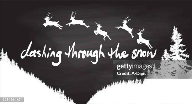 dashing through the snow chalkboard - tree line drawing stock illustrations