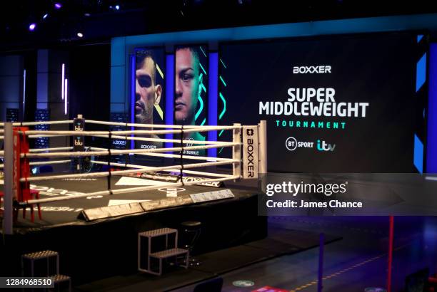General view of the ring prior to the Boxxer Super-Middleweight Tournament at the BT Studios on November 10, 2020 in Stratford, England.