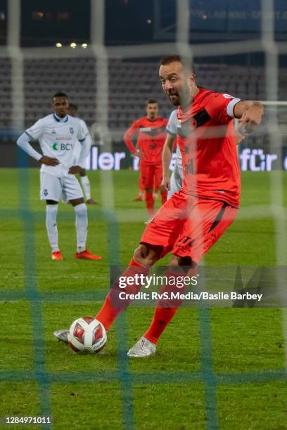 Mijat Maric of FC Lugano shoots a penalty goal during the Super League game between FC Lausanne-Sport and FC Lugano at Stade Olympique de la Pontaise...