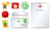 Christmas letter set. Santa wish list vector template, winter postcard, envelope, post horn, Gift paper, north pole stamp, Santa Claus card. Xmas mail background. Vintage holiday illustration.