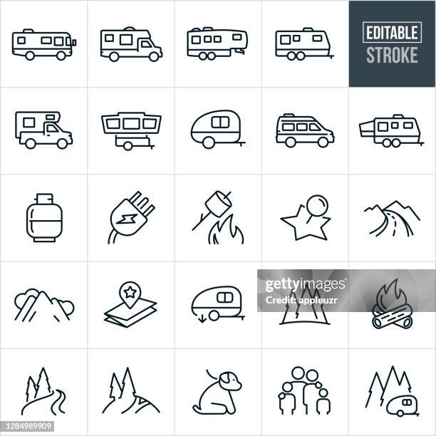 illustrazioni stock, clip art, cartoni animati e icone di tendenza di icone linea sottile rv - tratto modificabile - camping icons