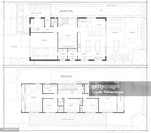 stockillustraties, clipart, cartoons en iconen met schets design plattegrond van 2 verdiepingen home - plattegrond