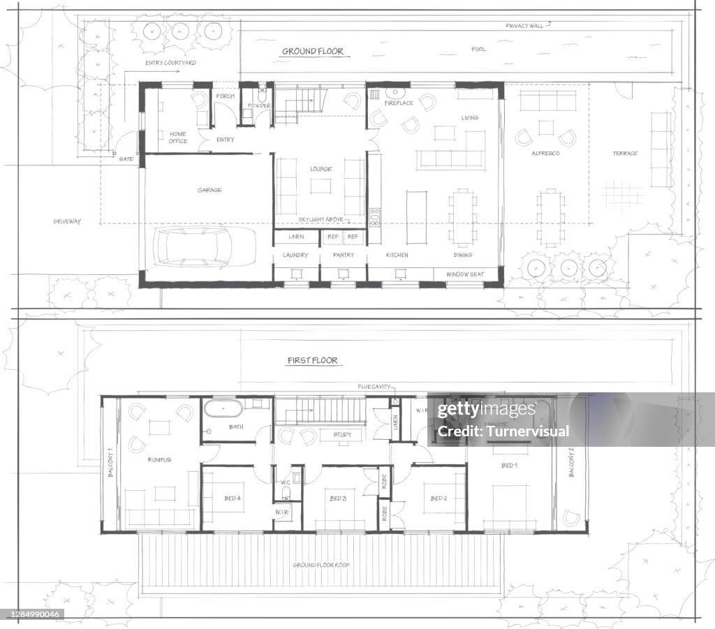 Plano de piso de design de esboço de 2 andares home