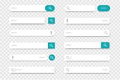 Search bar. Input lines with find buttons, magnifier and microphone icons. Browser interface, web site or mobile application elements on transparent background. Vector template set