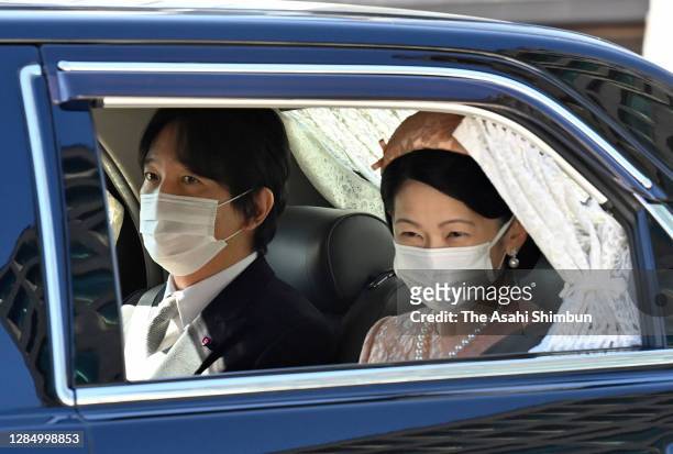 Crown Prince Fumihito, Crown Prince Akishino and Crown Princess Kiko of Akishino are seen on arrival at the Imperial Palace to attend a luncheon...
