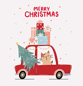 Flat vector cute kitten cat drive red car with pine Christmas tree and stack of present gift box on roof, merry Christmas, idea for greeting card, wall art, t shirt, printable apparels