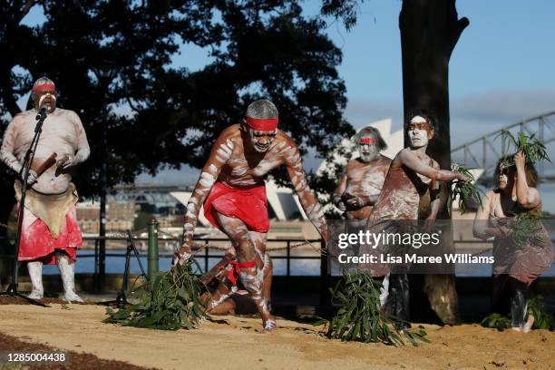 Members of the Koomurri Dance Group perform during a NAIDOC Week event hosted by The Royal Botanic Garden Sydney on November 11, 2020 in Sydney,...