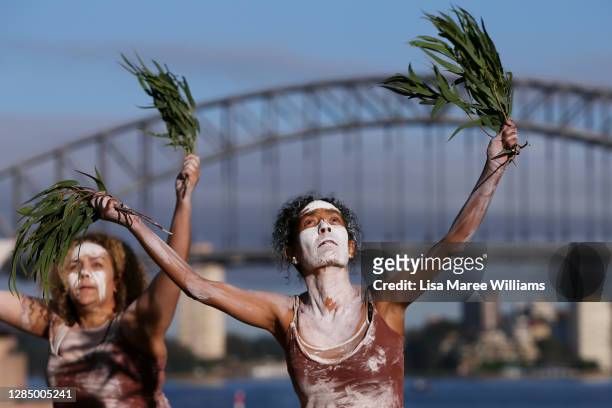 Koomurri Dance Group members Kerry Johnson and Rayma Johnson pose for photos during a NAIDOC Week event hosted by The Royal Botanic Garden Sydney on...