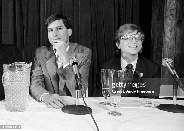 American computer magnates Steve Jobs , co-founder of Apple Computer Inc., and Bill Gates, co-founder of Microsoft, as they take questions at a press...