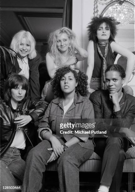 Group portrait of female punk and new wave musicians in London, August 1980, L-R Debbie Harry of Blondie, Viv Albertine of The Slits, Siouxsie Sioux...