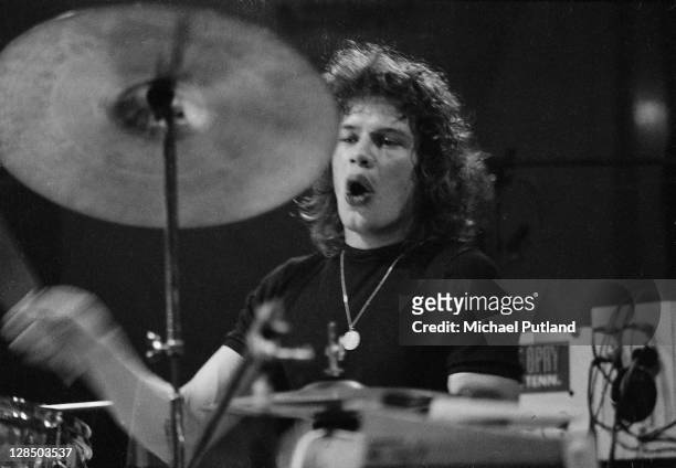 Bill Bruford of Yes performs on stage at the Camden Festival, The Roundhouse, London 25th April 1971.