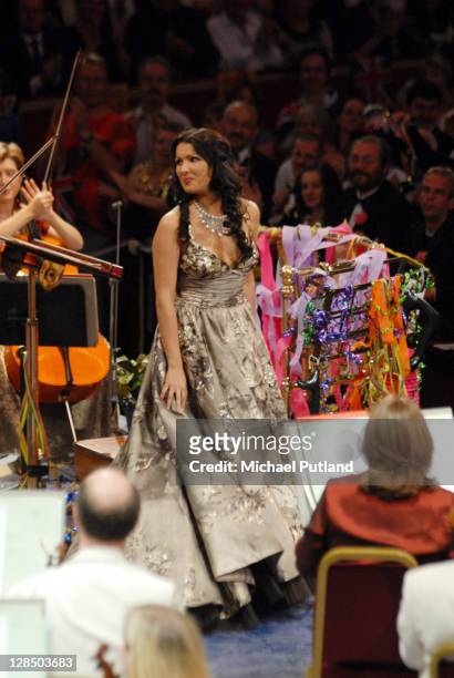 Russian soprano Anna Netrebko performs on stage with the BBC Symphony Orchesta at the Last Night Of The Proms, Royal Albert Hall, London, 8th...