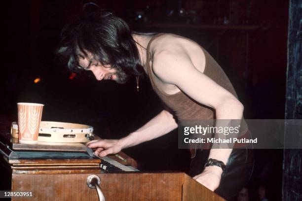 Organist Tony Kaye of Yes performs on stage in London, circa 1969.