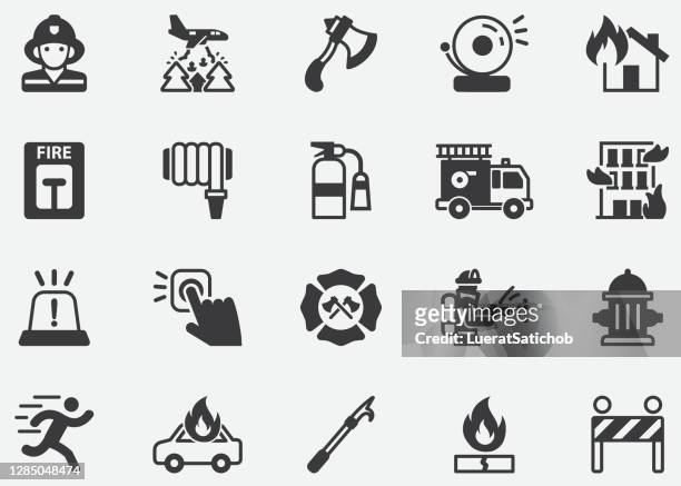 illustrazioni stock, clip art, cartoni animati e icone di tendenza di vigili del fuoco, vigili del fuoco , polizia, emergenza pixel icone perfette - firefighters