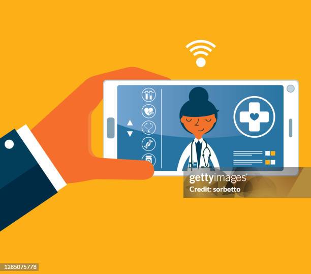 ilustraciones, imágenes clip art, dibujos animados e iconos de stock de mano sosteniendo el teléfono inteligente - médico - business man smartphone tablet