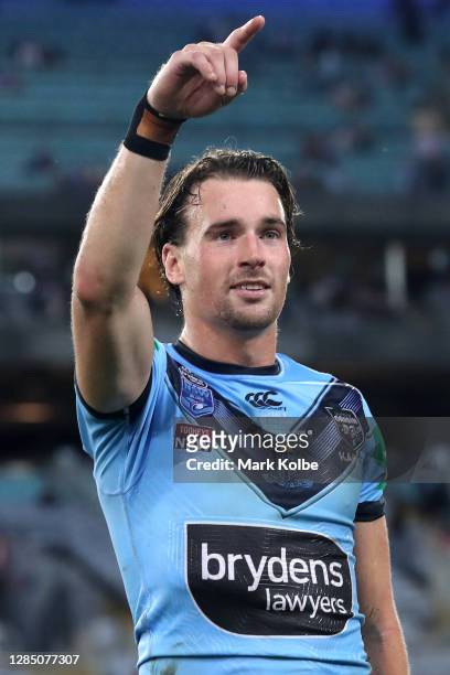 Clint Gutherson of the Blues celebrates after winning game two of the 2020 State of Origin series between the New South Wales Blues and the...