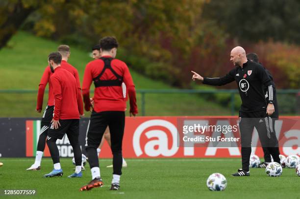 Wales coach Robert Page makes a point during Wales training ahead of their friendly International match against USA at Vale Resort on November 11,...